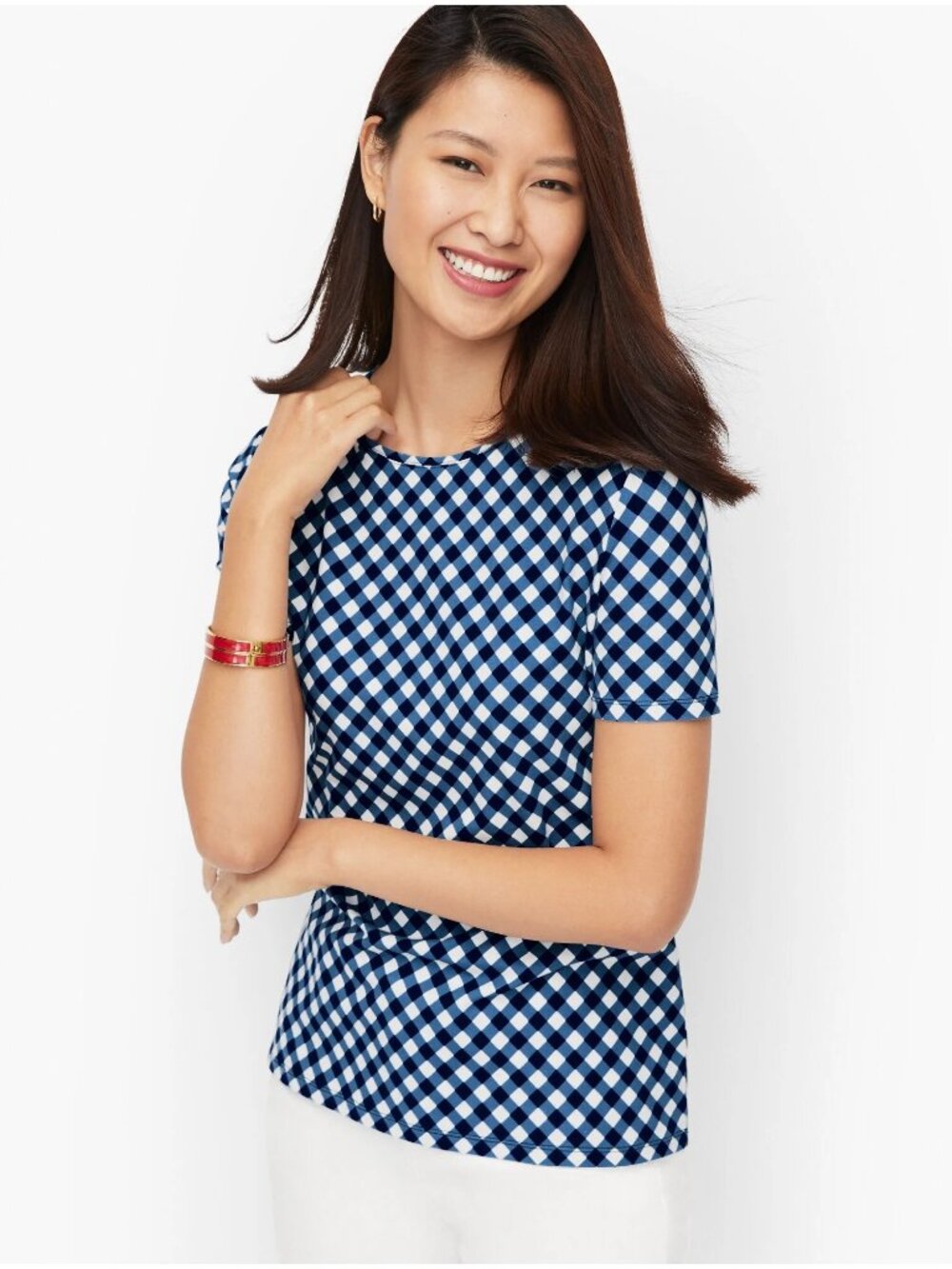 Ann Taylor Blouse Top Size XL Blue White Gingham Check Crew Neck Short Sleeves